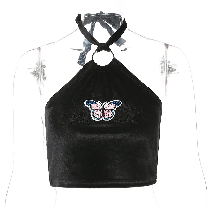 Для хранения Флора Для женщин летние пикантные Холтер Обрезанные бретели бабочка аппликация черный укороченный топ без рукавов женский