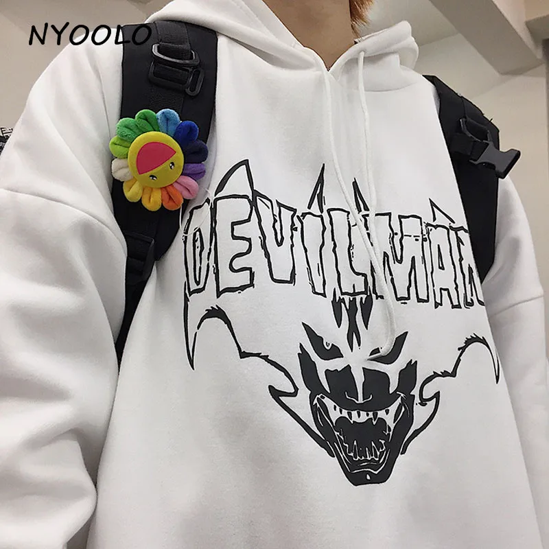 

NYOOLO Winter warm hoodies Harajuku streetwear demons print loose thick plus velvet pullovers Sweatshirt women/men clothing