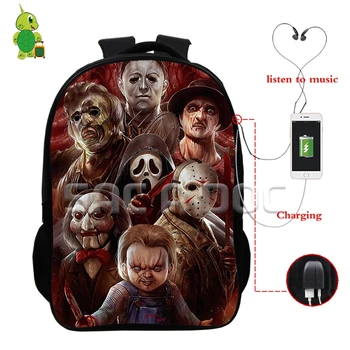 

Horror Movie Killers Freddy Chucky Backpack Multifunction USB Charge Headphone Jack School Bags for Teenagers Travel Rucksack
