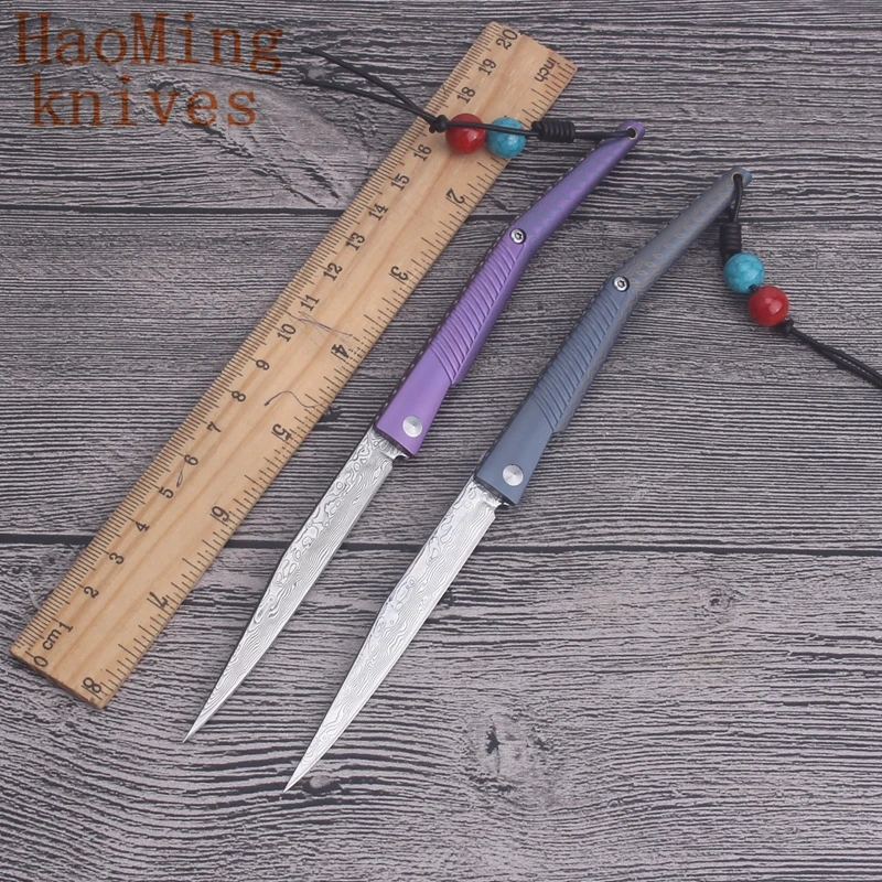 

Damascus Pocket folding knife titanium handle camping survival Handmade Rescue EDC Multi-tool tactical hunting VG10 fruit knives