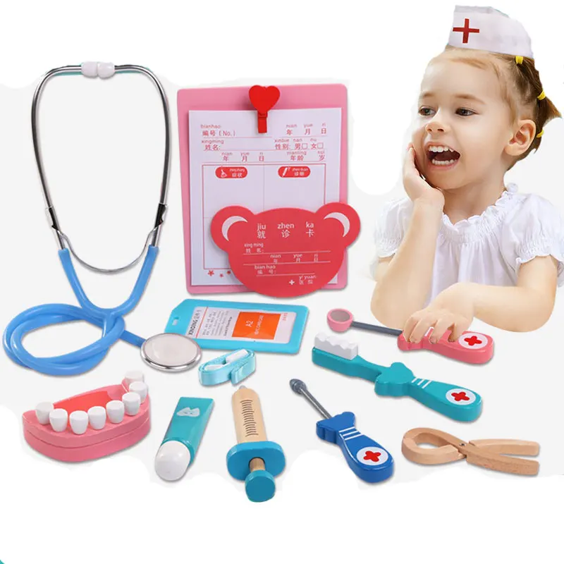 

Simulation Cartoon Toy Imitation Medical Kit Set For Children Doctor Dental Nurse Needle Tool Kids Wooden Toys