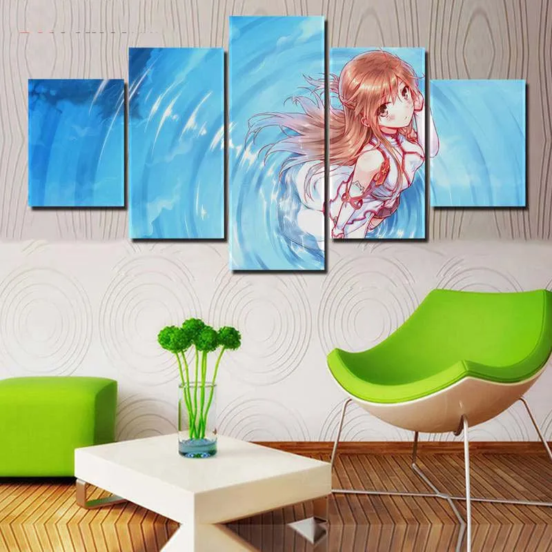 Waliicorners Poster Canvas Pictures Home Decor Paintings 5 Pieces Asuna Sword Art Online Animation Wall Art Prints Hotel Modular Living Room 6