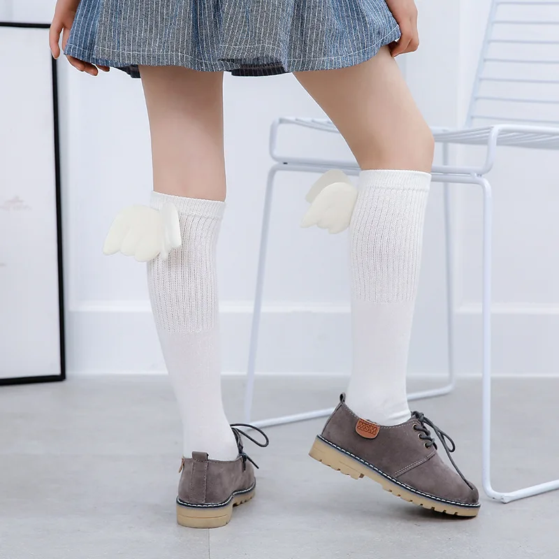 Милые носки для маленьких девочек, Гольфы с крыльями ангела для девочек, Хлопковые вязаные однотонные зимние детские носки, гетры для малышей 3-12 лет