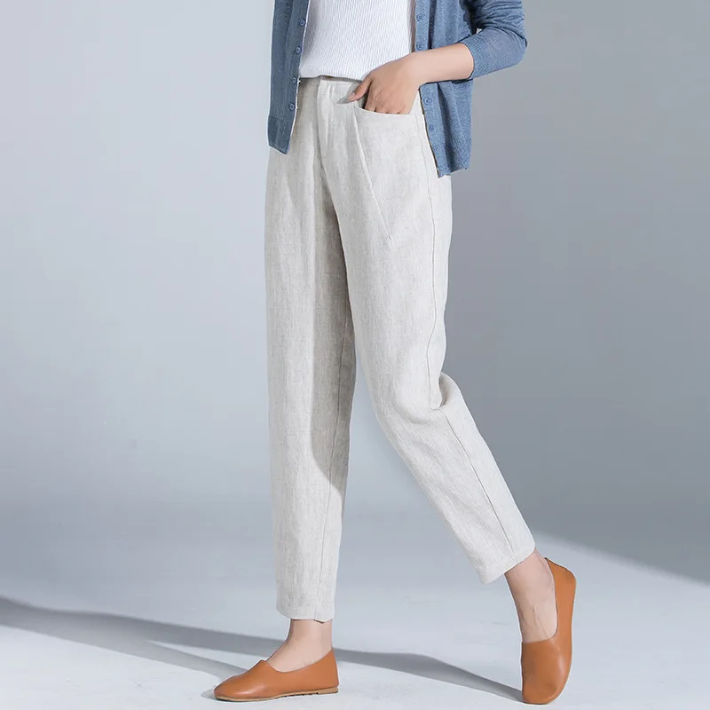 High waist elastic band natural leisure women's linen pants breathable ankle length harem pants big yards summer thin trousers High waist elastic band natural leisure women's linen pants breathable ankle length harem pants big yards summer thin trousers