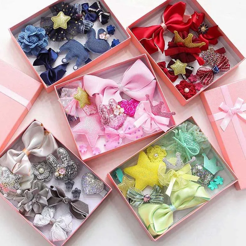 

10pcs/Set Princess Headwear Set Girls Hair Accessories Ribbon Bow Hair Clip Hairpins Kid Crown Headdress With Box Gift Present
