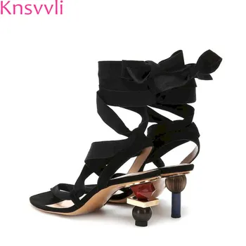 

Newest Strange Style High heels Women Sandals Split Toe Ankle Cross Tied Women Pumps Asymmetric Heels Gladiator Sandalias Mujer