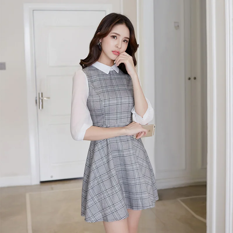 

Debowa Sweet Plaid Dress Women 2018 New Spring Womens Dresses 3/4 Sleeve Slim Princess Dress Beautiful Patchwork School Dress
