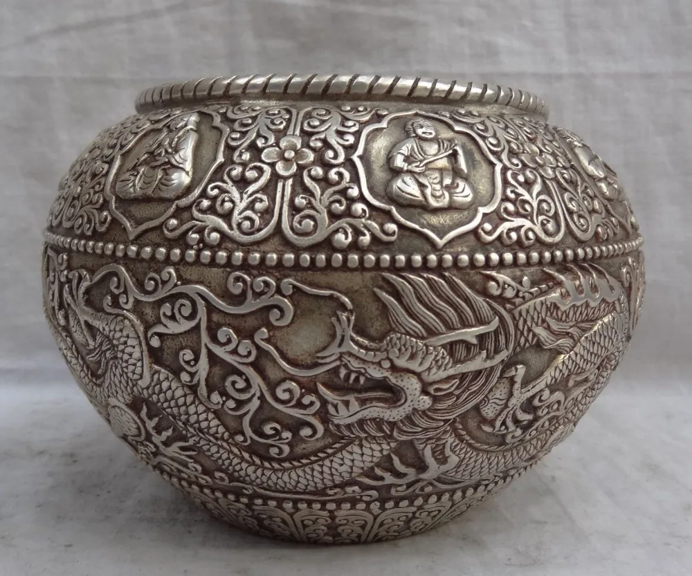 

Chinese Silver Buddhism Dragon Kwan-Yin Buddha Statue Bronze Flower Jar Bowl