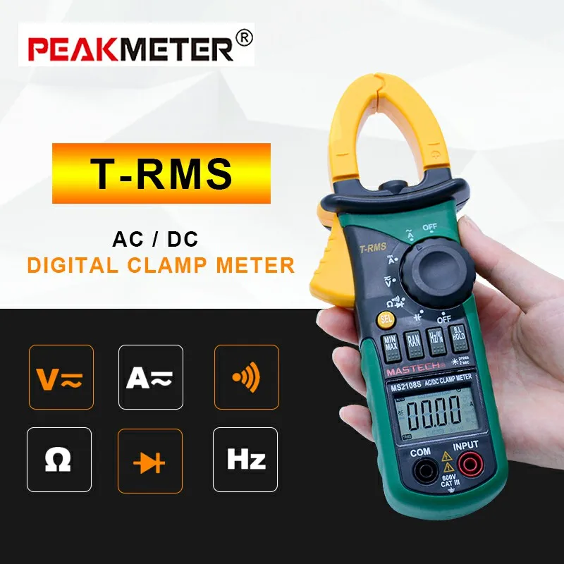 

MASTECH MS2108S Digital AC DC Current Clamp Meter True RMS Multimeter Capacitance Frequency Inrush Current Tester VS MS2108