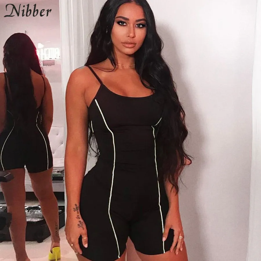 

summer Neon color Reflective sleeveless playsuit 2019 fashion Basic black Elastic casual ladies bodysuit Jogging suit Sportswear