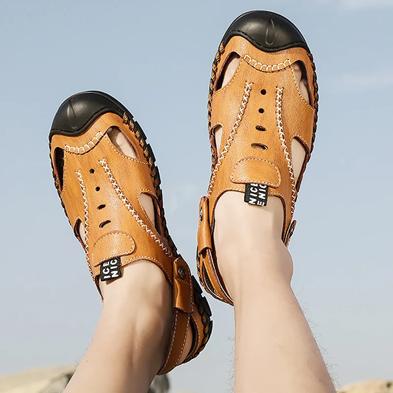 

Genuine Leather Men's Sandals Summer Clogs Plus Size 45-46 Hollow Breathable Beach Sandals Male Sewing Fashion Shoes For Men