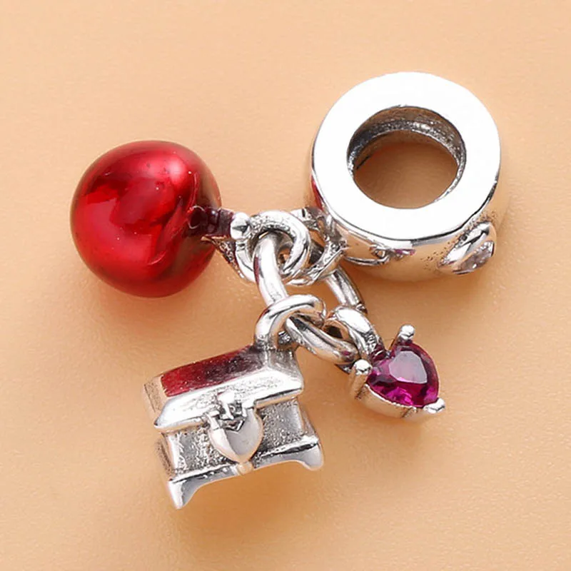 

New 925 Sterling Silver Bead Charm Red Enamel Snow White's Apple And Heart Pendant Bead Fit Pandora Bracelet Diy Jewelry