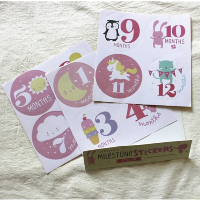 

12Pcs Baby Pregnant Women Monthly Photograph Stickers Fun Lovely Cartoon Pink/Blue Month 1-12 Months Clothes Decoration Stickers