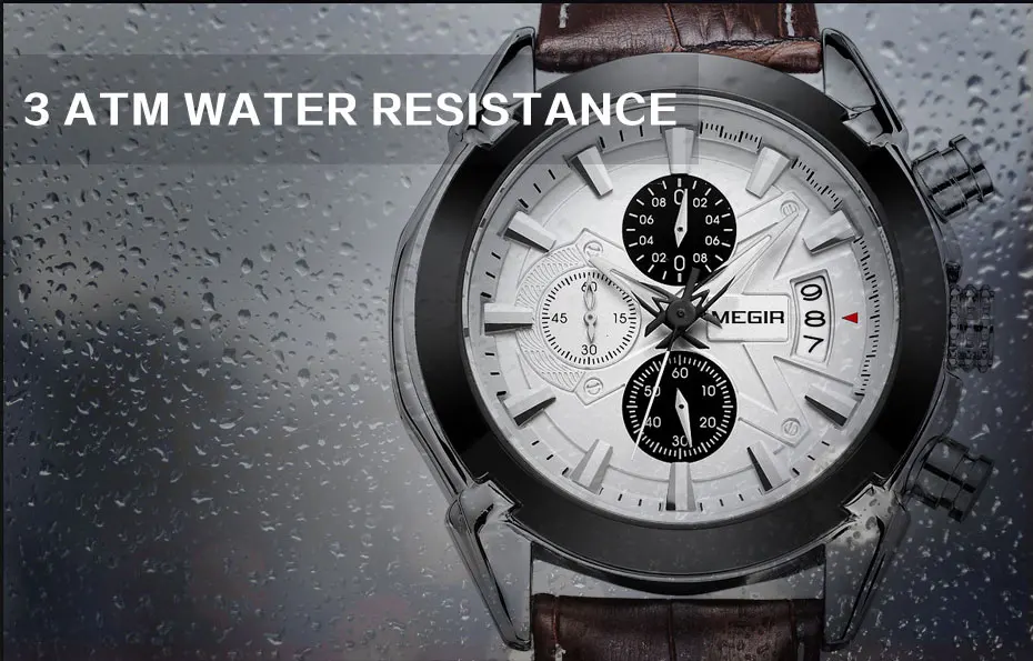 Часы MEGIR из натуральной черной кожи, мужские роскошные брендовые кварцевые часы для гонок, мужские Студенческие часы с хронографом, наручные часы