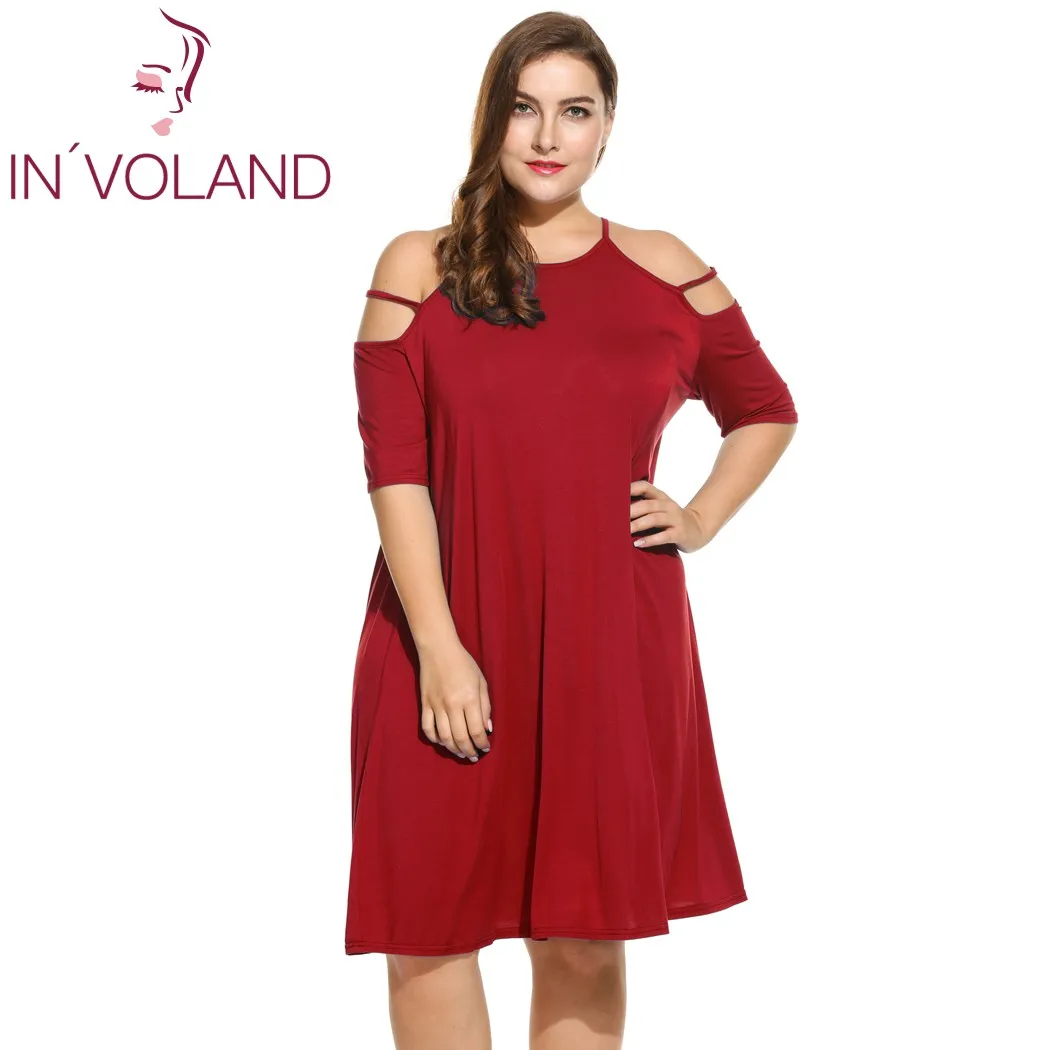 

IN'VOLAND Women's Sexy Dress Oversized Spaghetti Strap Cold Shoulder Half Sleeve Casual Dresses Feminino Vestidos Plus Size 4XL