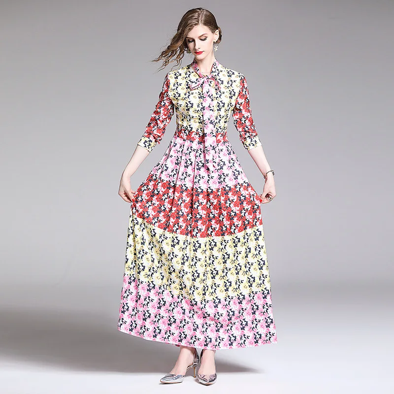 

Autumn Floral Maxi Dresses 2019 Women Bow Neck Boho Bohemian Elegant Long Shirt Dress Designer Runway Dresses Casual Robe