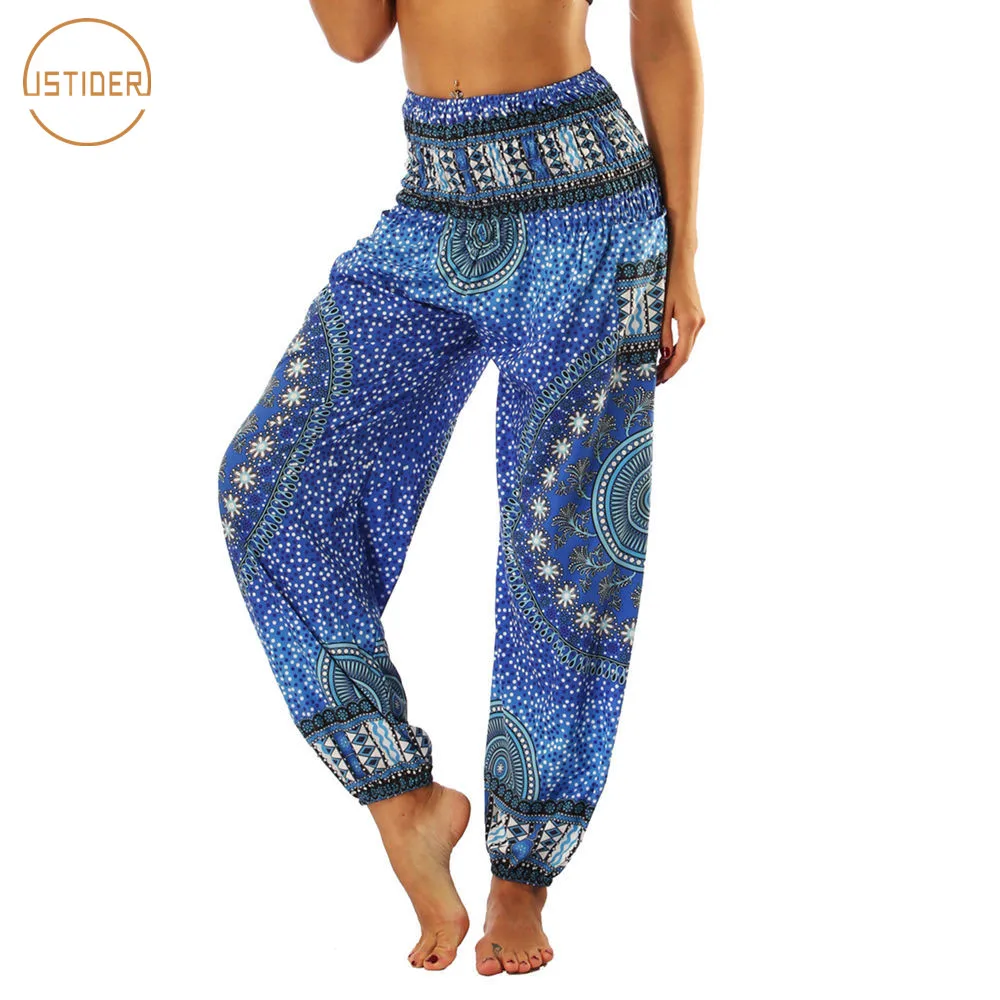 

ISTider 2018 Summer High Waist Pants Elastic Waist Casual Harem Pants Dot Circle Bloomers Blue Boho Clothing Comfy Palazzo Pants