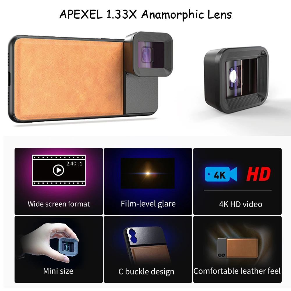  APEXEL Anamorphic Lens 1.33x Wide Screen Video Widescreen Slr Movie Mobile Phone Lens for iPhone Hu
