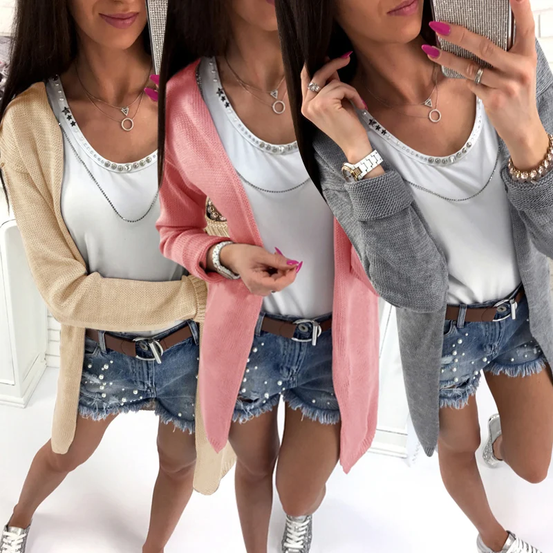 Womens Long Sleeve Knitted Sweater Lady Solid Loose Casual Holiday Cardigan Coat