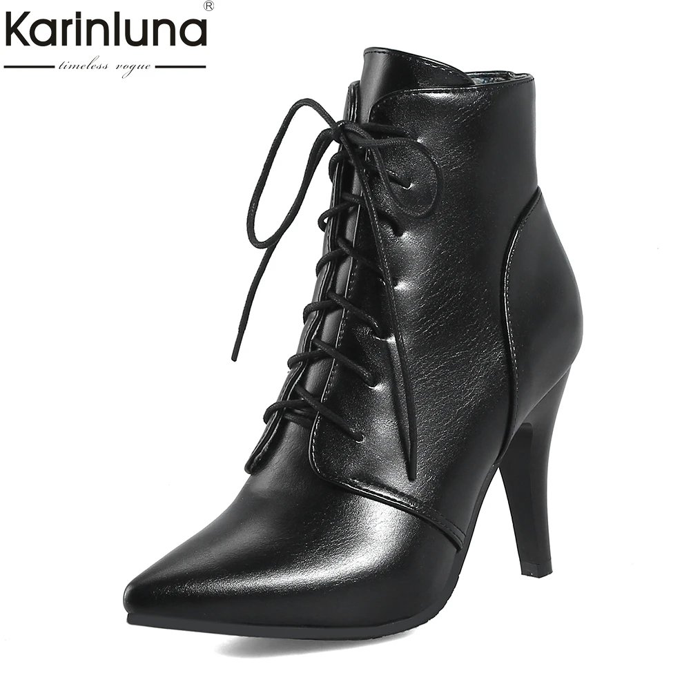 

KarinLuna Brand new Large Size 32-46 Pointed Toe Lace Up Ankle Boots Woman Shoes High Heels Fashion Wholeslae Shoes Woman Boots