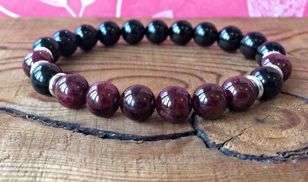 

8MM Bead Black Onyx Garnet Bracelet Protection Relationships Healing For The Lower Three Chakras Best Prayer Yoga Bracelet