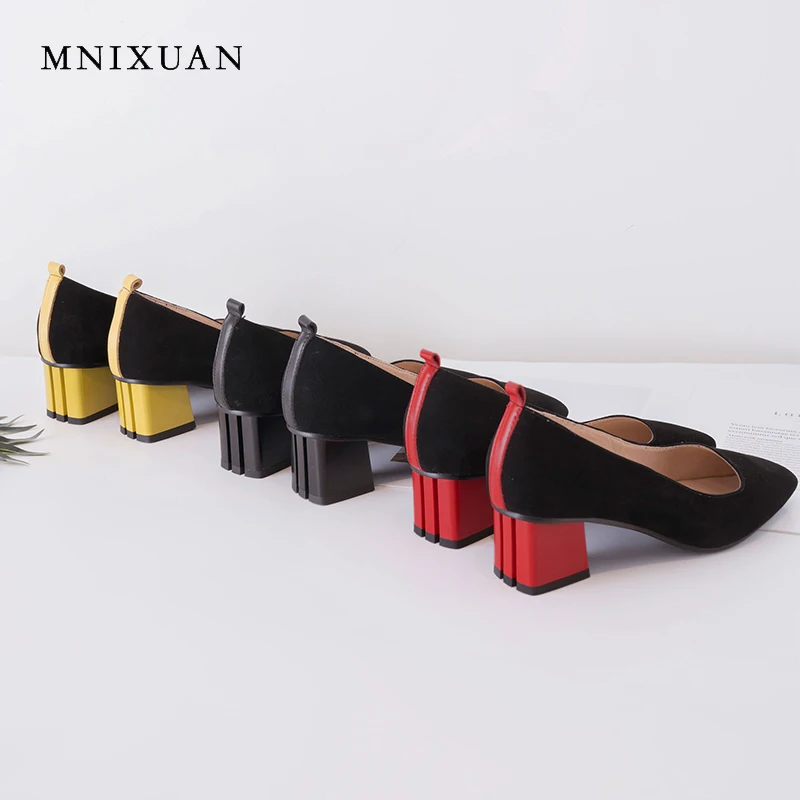 

MNIXUAN Handmade high quality women spring pumps high heels 2019 new sheep suede square toe slip on medium heels shallow shoes