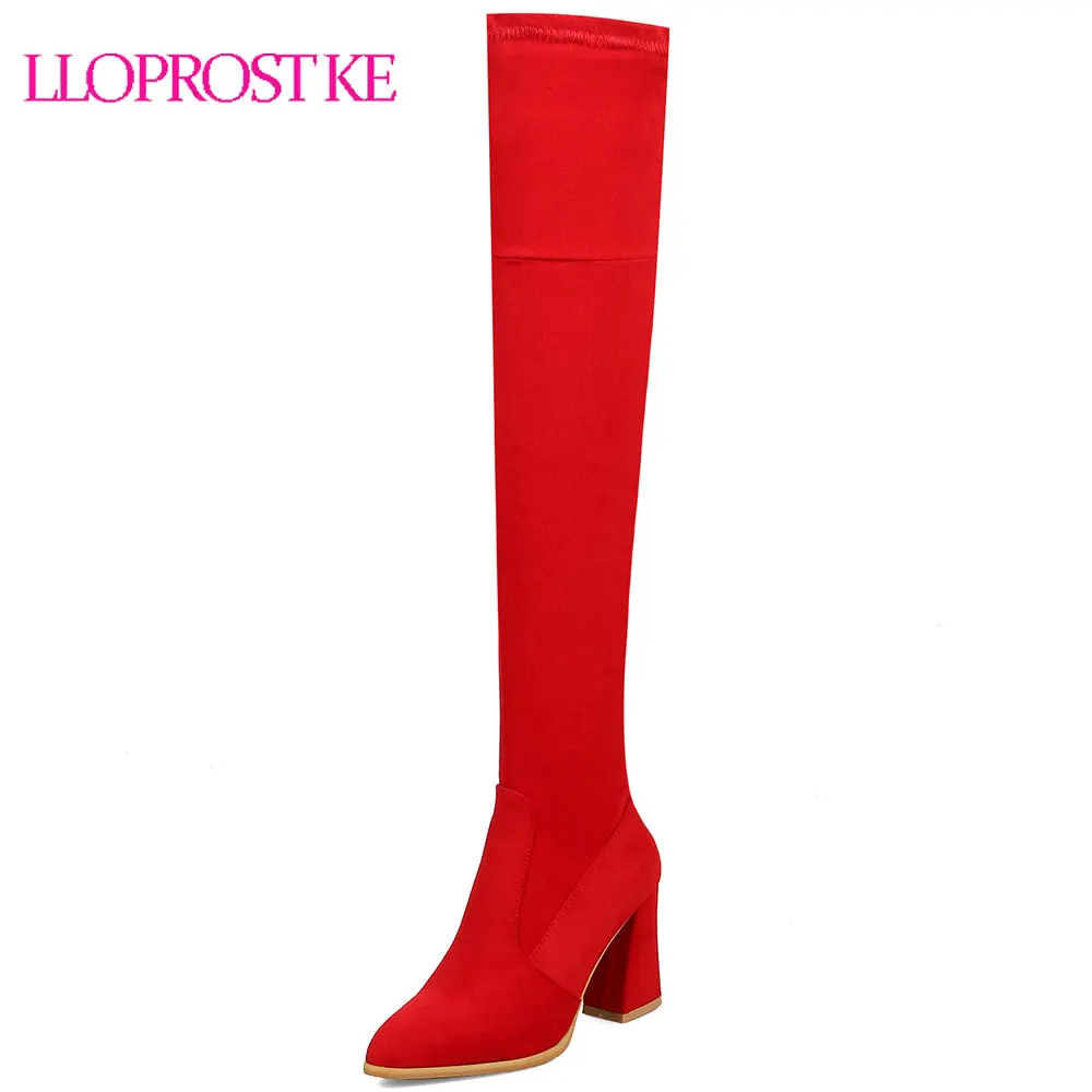 

Lloprost ke Over The Knee Boots Winter Hot New Stretch Long Shoes Woman Elastic Boots Platform Shoes Female Square Heel D216