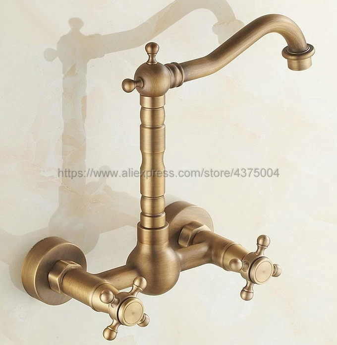 Antique Brass Wall Mounted Bathroom Sink Faucet Swivel Spout Bathtub Mixer Dual Cross Handles Nnf052