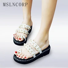plus size 34-44 Fashion Women Summer Platform Sandals Pearls Cut Out Ladies Casual Beach Slippers Mules Slides Peep toe Shoes summer fashion blue jeans cut out sandals peep toe height increasing wedge summer denim dress shoes woman for women size 34