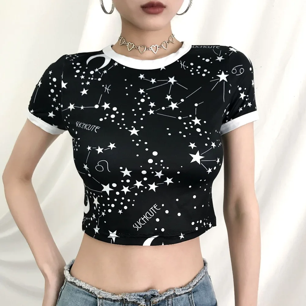 Женская готическая футболка с принтом звезд Harajuku Kawaii Сетчатая Tumblr летний