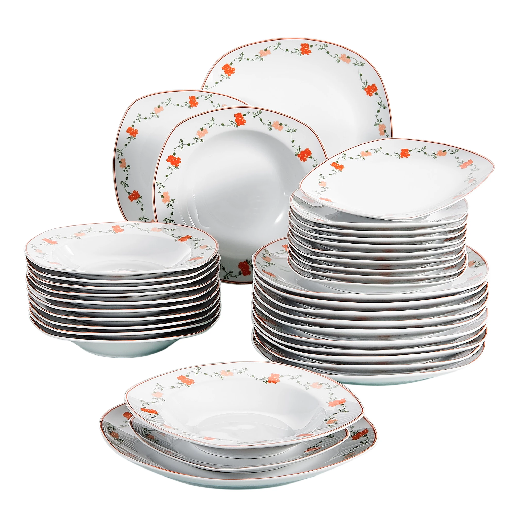

VEWEET GLORIA 36-Piece White Porcelain Flower Pattern Dinner Tableware Plate Set with 6*Dessert Plates,Soup Plates,Dinner Plates