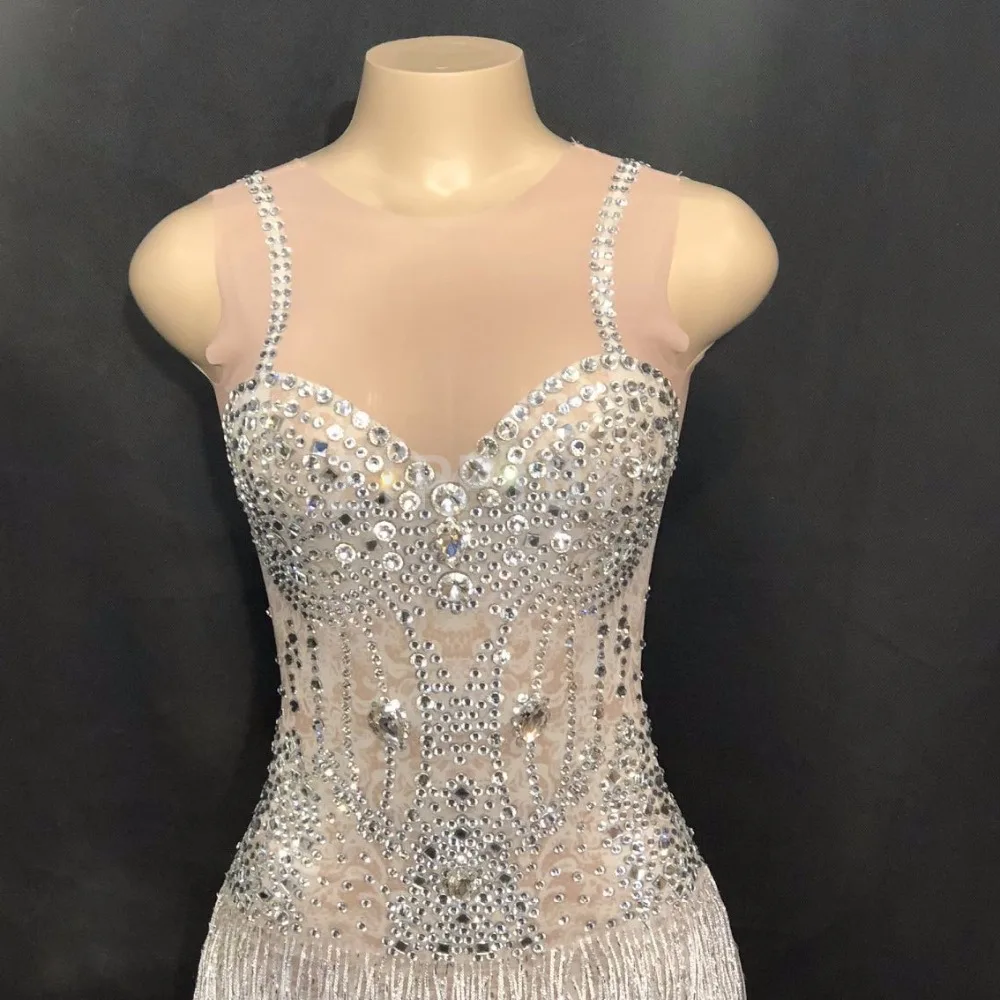 Glisten Rhinestones Tassel See Through Dress Female Singer Bar Dresses Birthday Celebrate Costume Mesh Long Dress Stones Wear