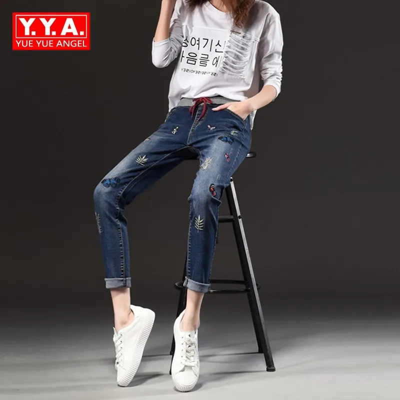 

Sweet Butterfly Embroidery Elastic Waist Trousers For Women Stretch Skinny Jeans Large Size Slim Fit Pencil Pants Pantalon Femme