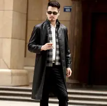 Thin long leather coats men casual single-breasted coat mens leather trench coats stand collar black fashion 219 autumn M - 3XL stand collar half breasted mens tee