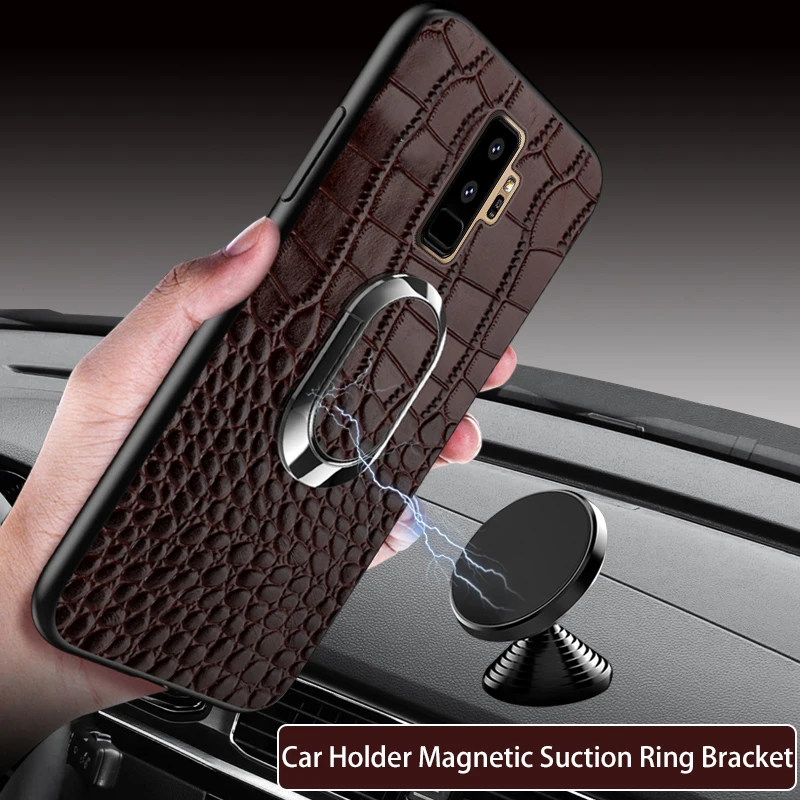Phone Case For Samsung Galaxy S9 Plus S7 Edge S8 Note 8 9 A5 A7 J5 J7 Car Holder Magnetic Suction Ring Bracket Crocodile Texture