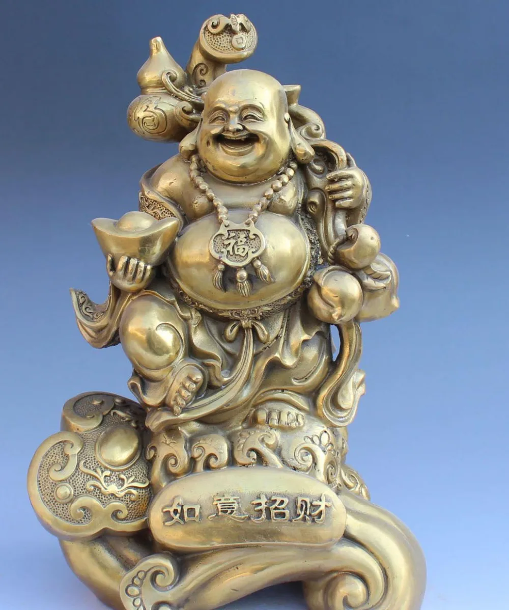 

13" Chinese Bronze Stand Ru Yi Happy Laugh Maitreya Buddha Hold Yuanbao Statue