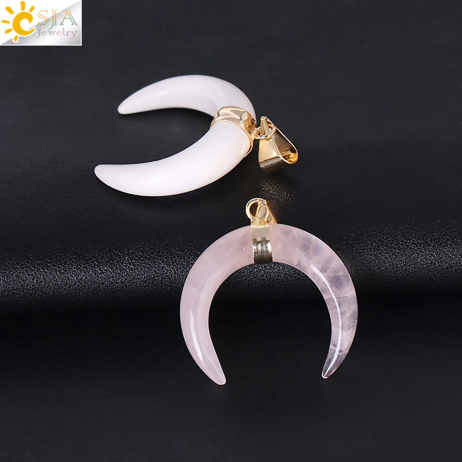 CSJA Natural Stones Crescent Moon Necklaces Pendants Purple Crystal Pink Quartz White Stone Gold Color Reiki Women Jewelry F306