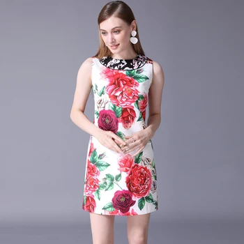 

High Quality 2020 New Designer Fashion Summer Dress Women's Sleeveless Vintage Flower Print Elegant Straight Short Dress