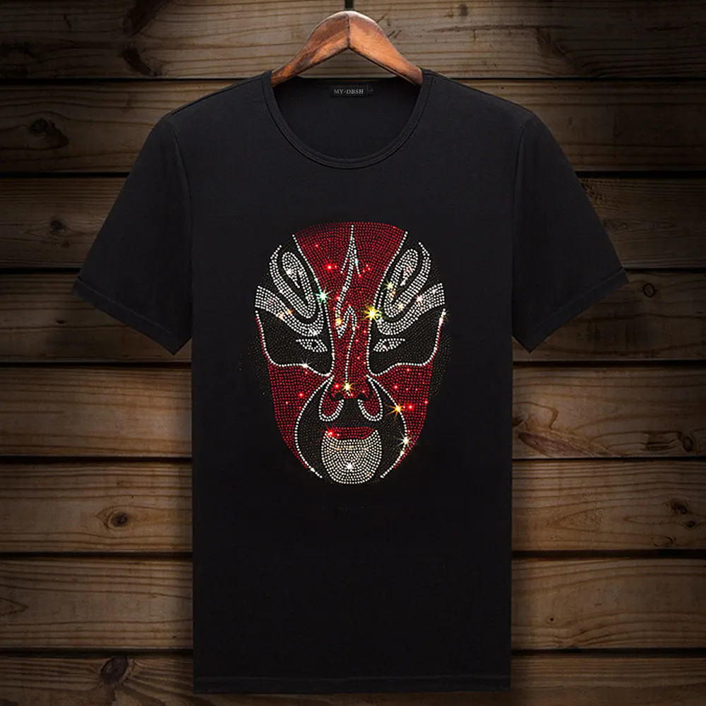 Big size 5XL Mask Unique Man Shinning Diamond Stone T-shirt Short Sleeve high quality Peking Opera Rhinestone Print men t shirts