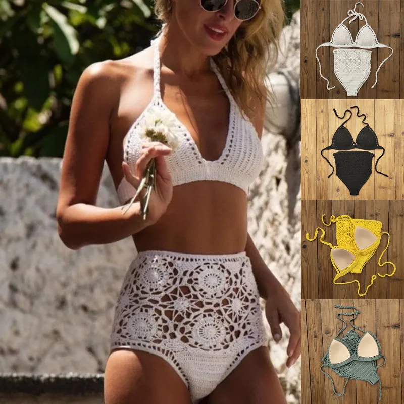 

Beach Women's Handmade Crochet Bikini Set Sexy High Waist Swimwear Push up Bikini Swimsuit Bathing Suit