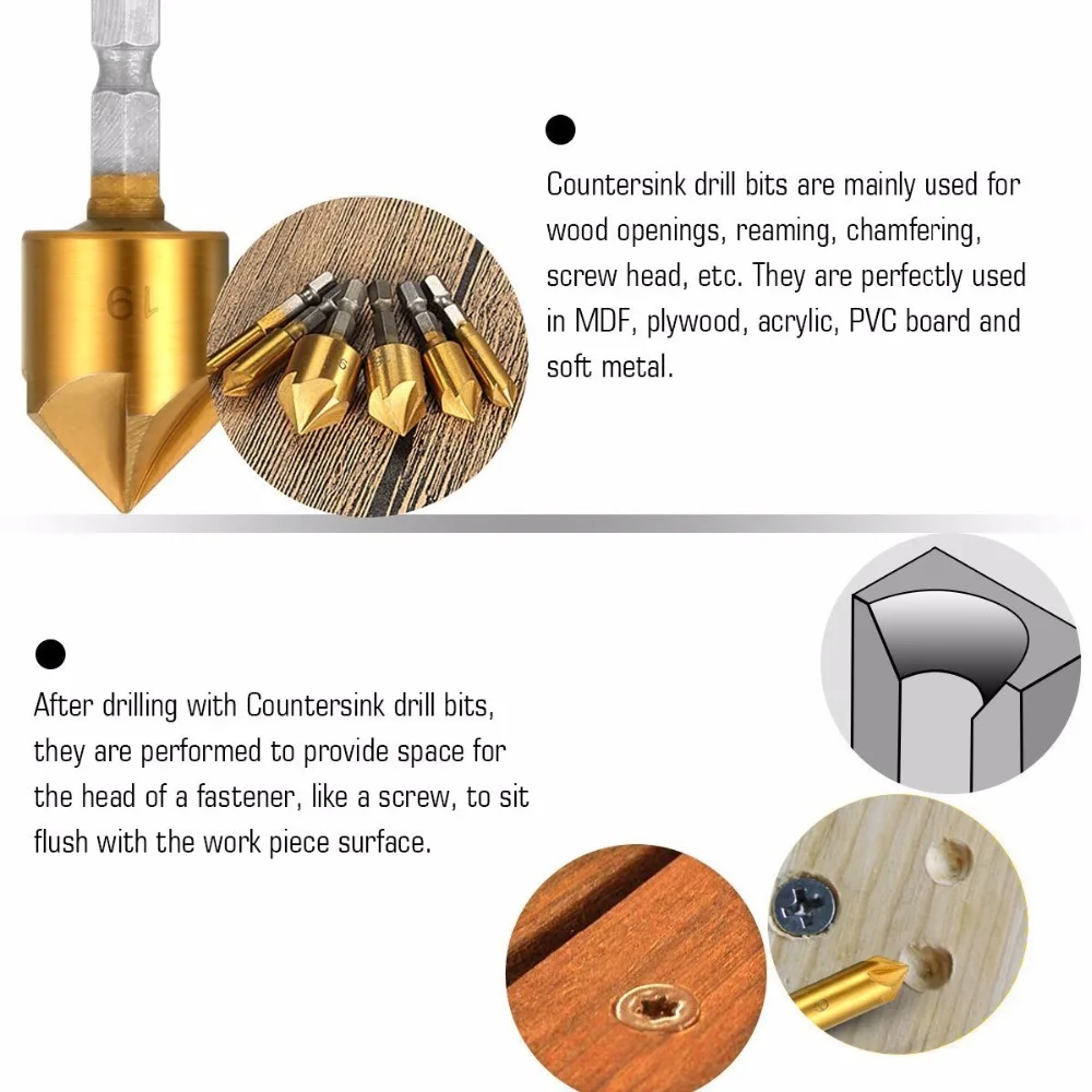 1Pc Brass Automatic Punch + 6Pcs Hex Shank Five-blade Chamfering Drill Bit High Carbon Steel Titanium Plated for Wood DIY 1Pc Brass Automatic Punch + 6Pcs Hex Shank Five-blade Chamfering Drill Bit High Carbon Steel Titanium Plated for Wood DIY