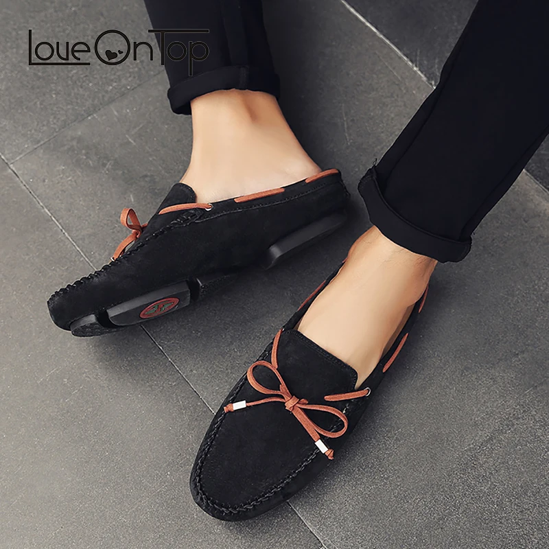 

Men mules slides hoes summer Fashion Handmade Suede Leather Men's Slippers Shoes Outdoor Butterfly-knot Man Flat Half Slippers
