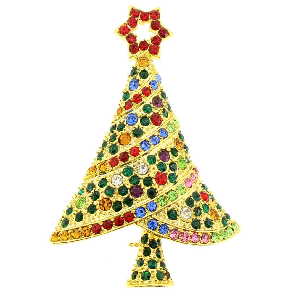 Fantasyard Golden Christmas Tree Crystal Pin Brooch - Multicolor - 1.625 x 2.375 in.