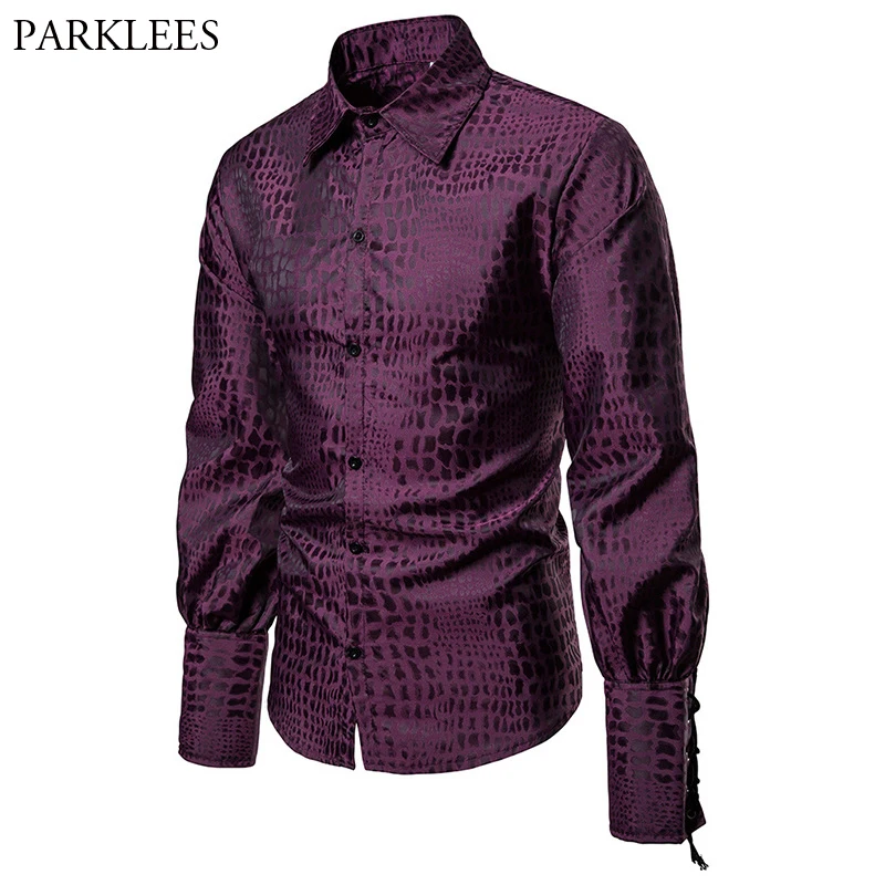 Фиолетовый средневековый пират Ренессанс рубашка для мужчин повязки широкие манжеты крокодил печати мужской Викторианской стимпанк