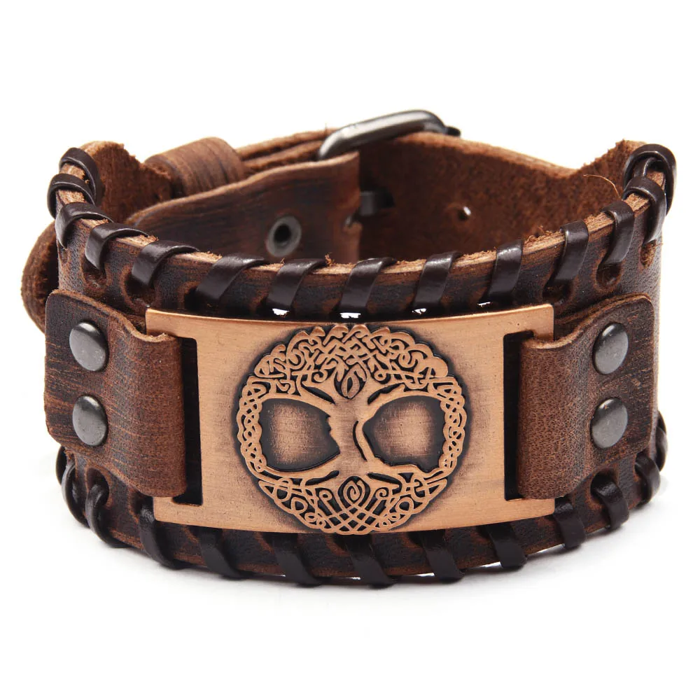 

New Men Bracelet Life Tree Alloy Wide Leather Bracelet Men's Leather Jewelry Punk Popular Viking Jewelry