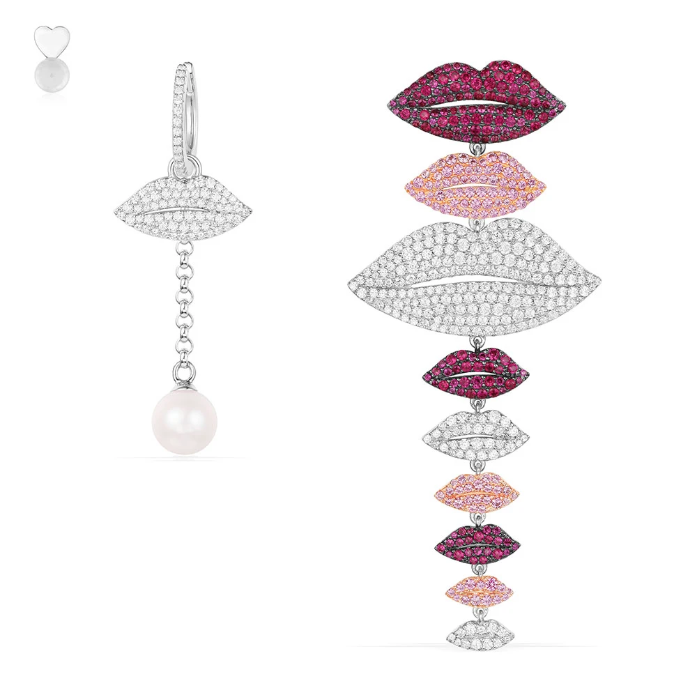 

KAKANY 925 Sterling Silver Asymmetric Diamond Multicolor Lip Earrings with Pearls Original High Quality 1:1 Fashion Jewelry
