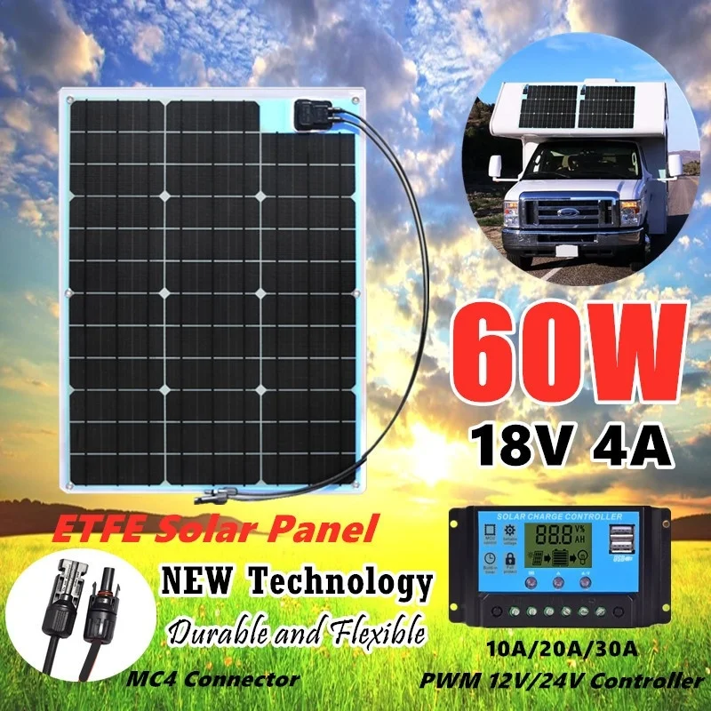 

New Technology 18V 60 Watt ETFE Monocrystalline Felible Solar Panel Module for 12v/24v Battery RV Boat Travel