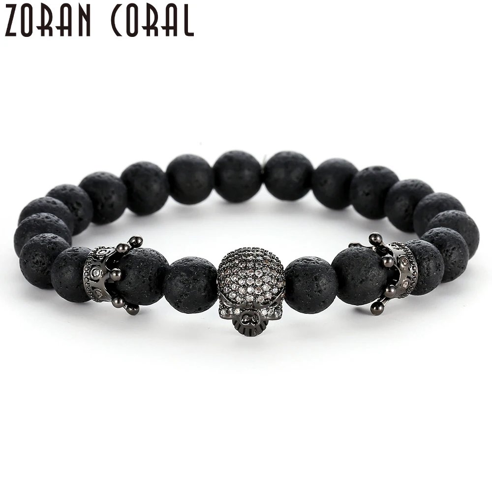 

2018 High Quality Men Beads Bracelets Rose Gold and Silver Micro pave CZ Crown and Skeleton skull Bracelet Men European Jewelry