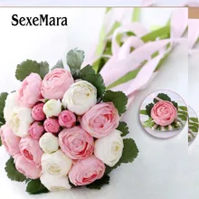 Романтический Свадебный букет с лентой Искусственный Пион розовый и зеленый для женщин Буке Де Noiva Свадебные интимные аксессуары цветы