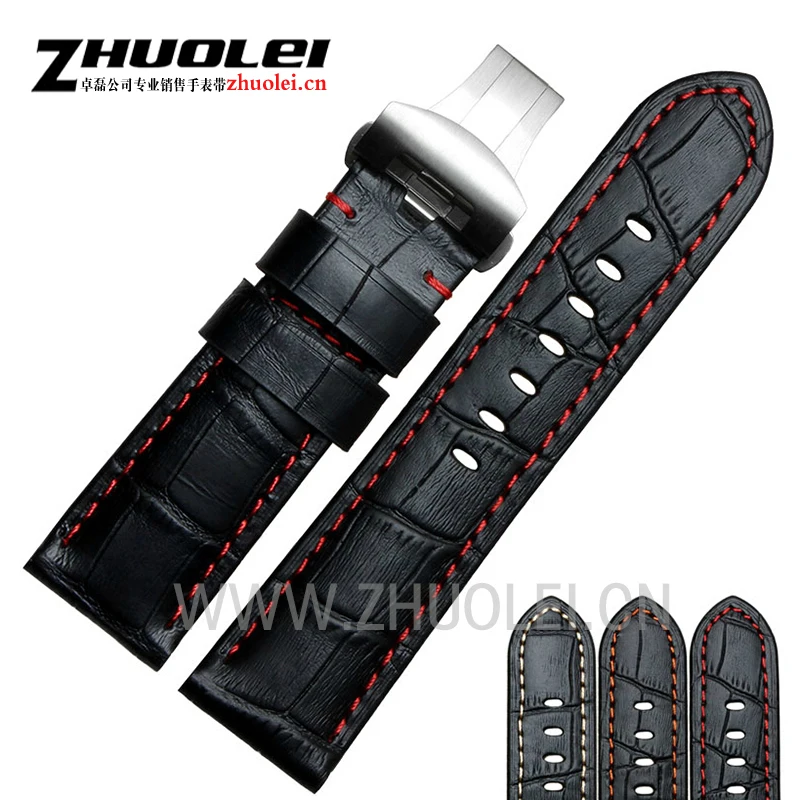 

24mm Handmade Black Red Stitched Genuine Calf Leather Watch Strap Band For deployment buckle Watchband Strap for Panerai PAM